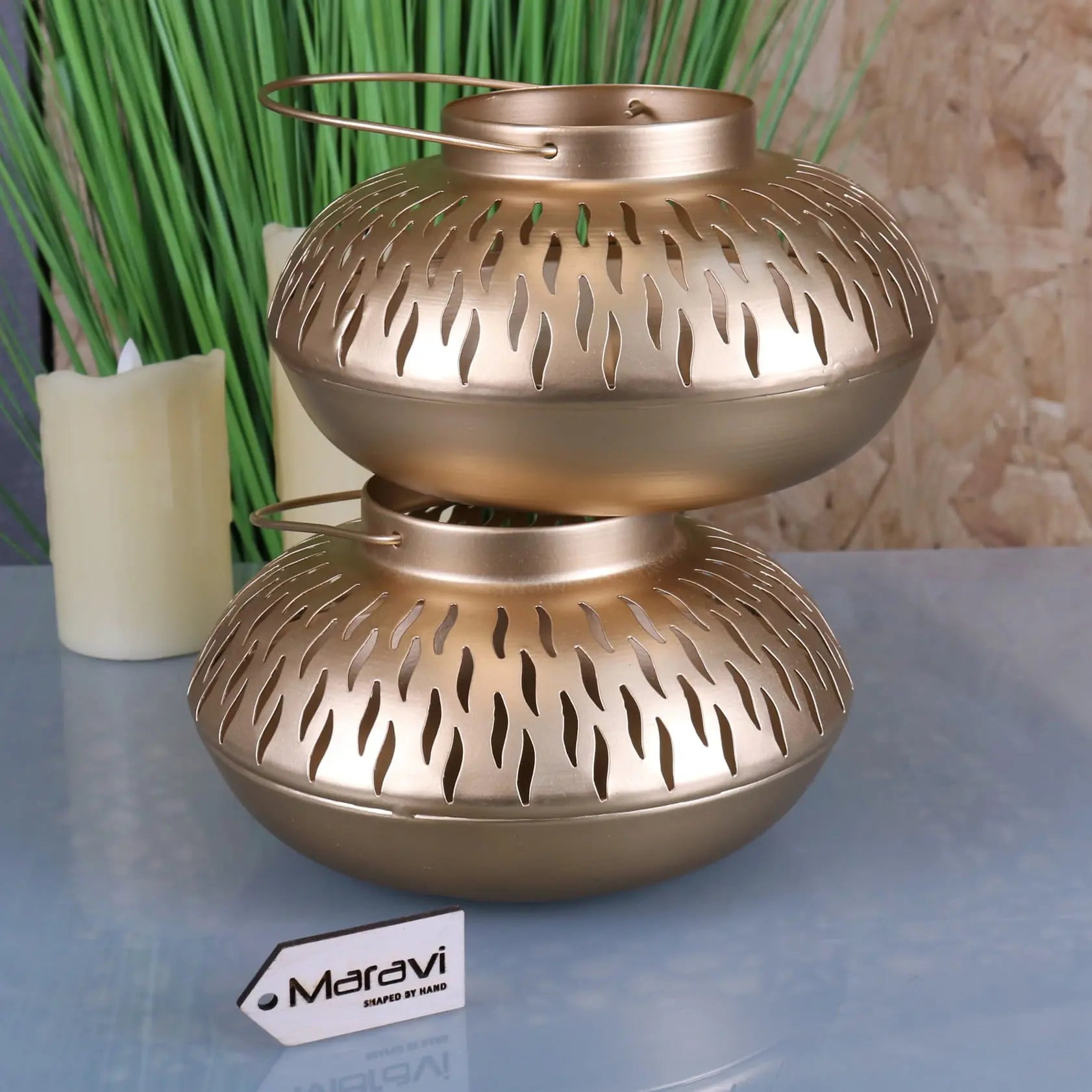 Mohra Set of 2 Moroccan Gold Oval Candle Lantern - Stacked Together