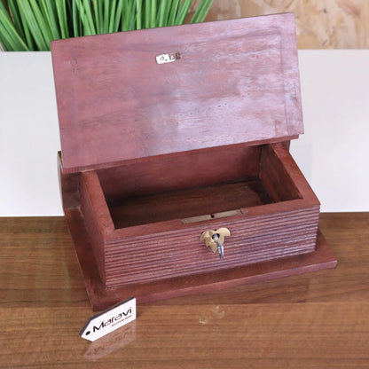 Samana Wooden Book Box with Lock - Opened Up with Key in Lock
