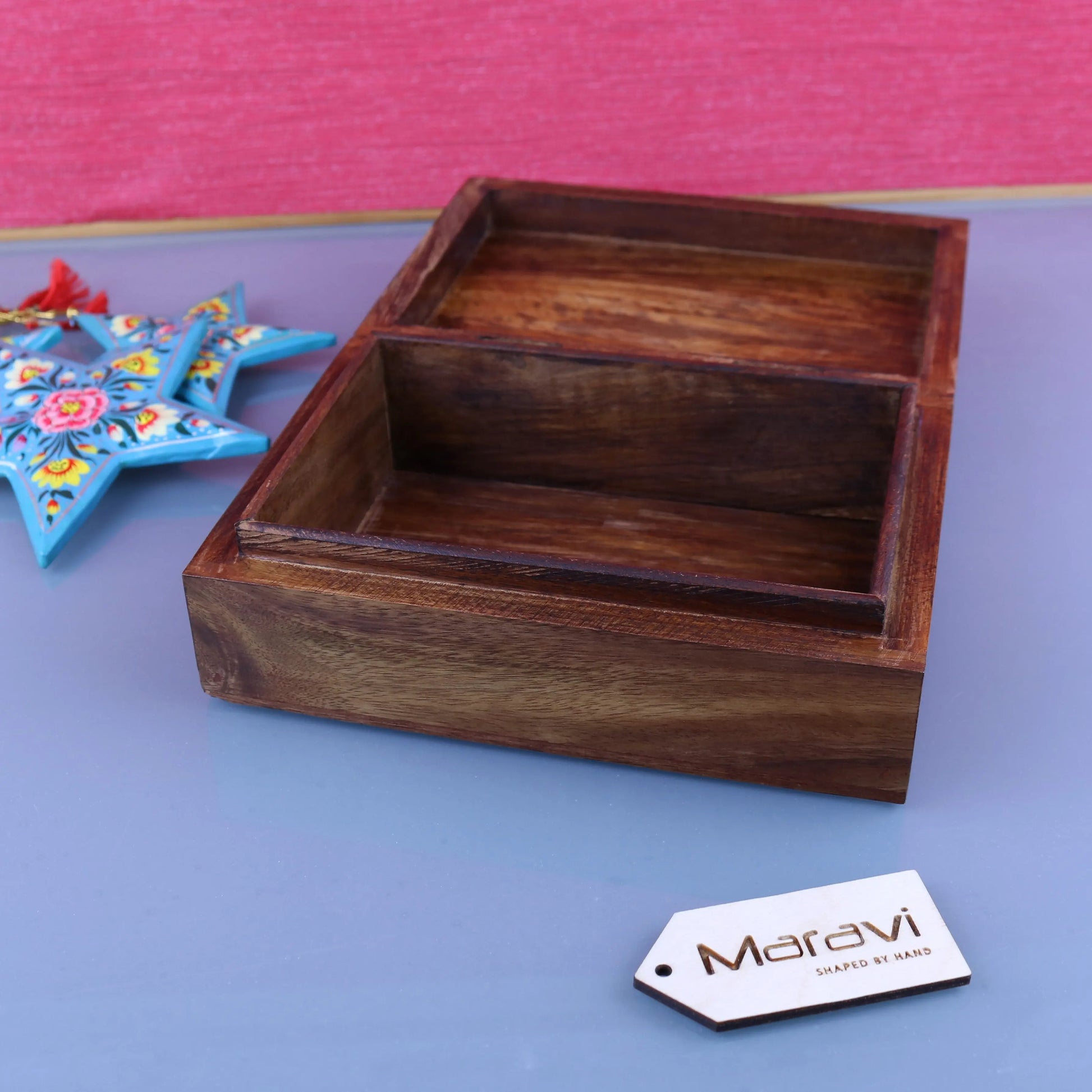 Khalka Plain Wooden Storage Boxes Medium Open View