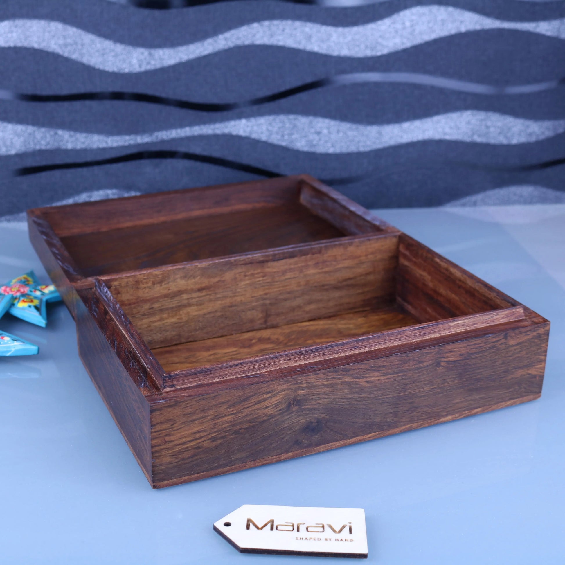 Khalka Plain Wooden Storage Boxes Open Front View