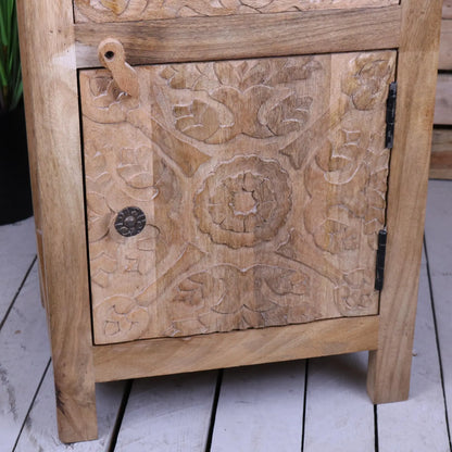 Nausel Mango Wood Carved Bedside Cabinet - Closeup of Door