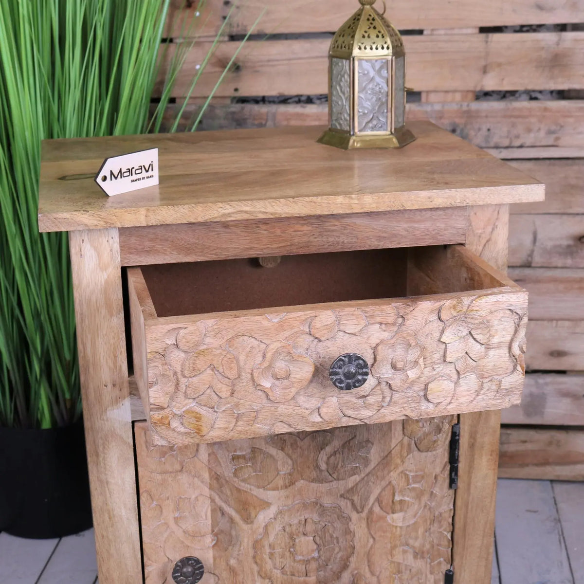 Nausel Mango Wood Carved Bedside Cabinet - Open Drawer