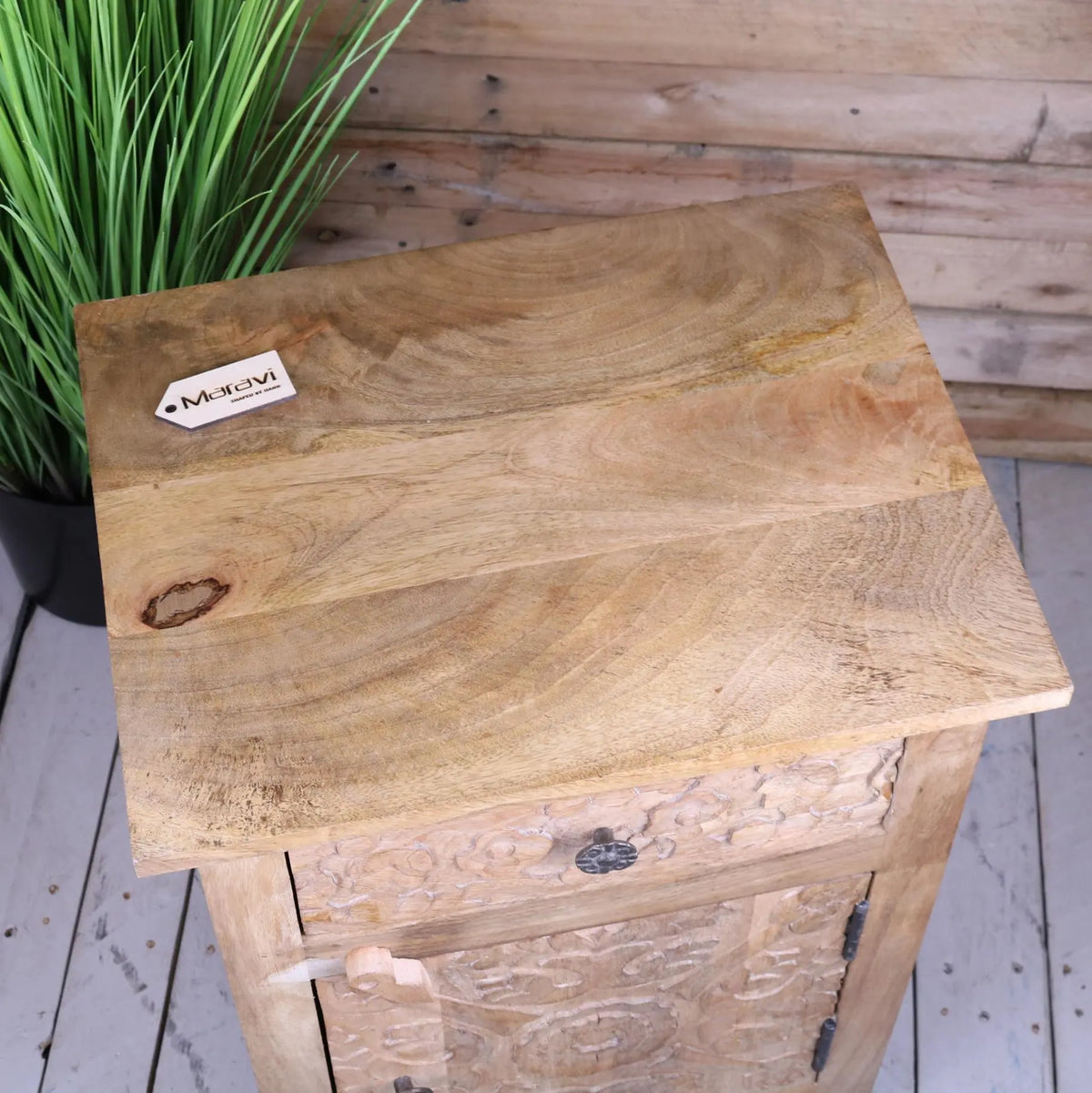 Nausel Mango Wood Carved Bedside Cabinet - Top View