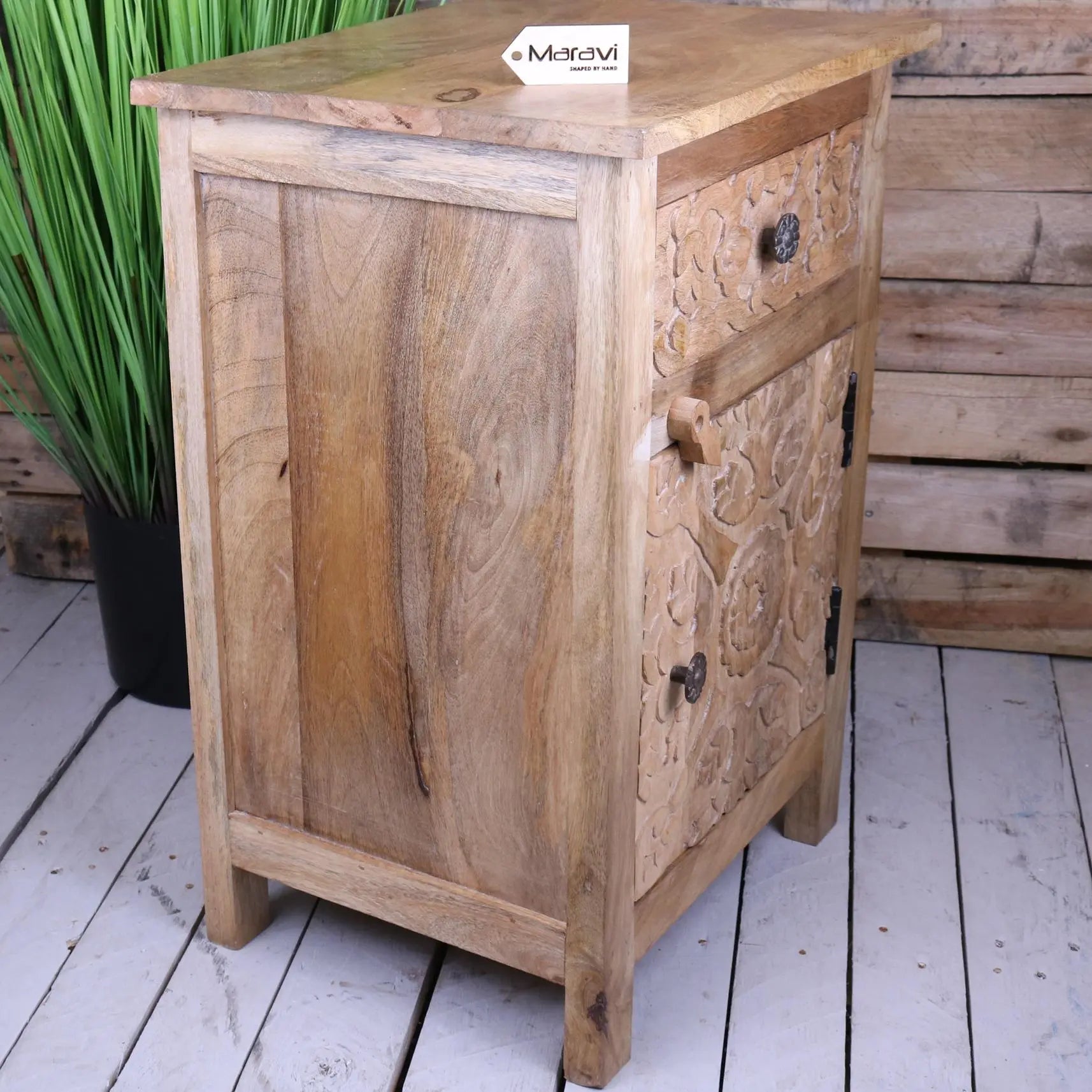 Nausel Mango Wood Carved Bedside Cabinet - Side View