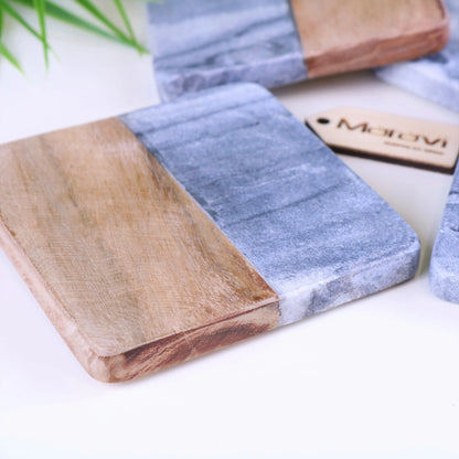 Salya Grey Marble Coasters Closeup of Wood